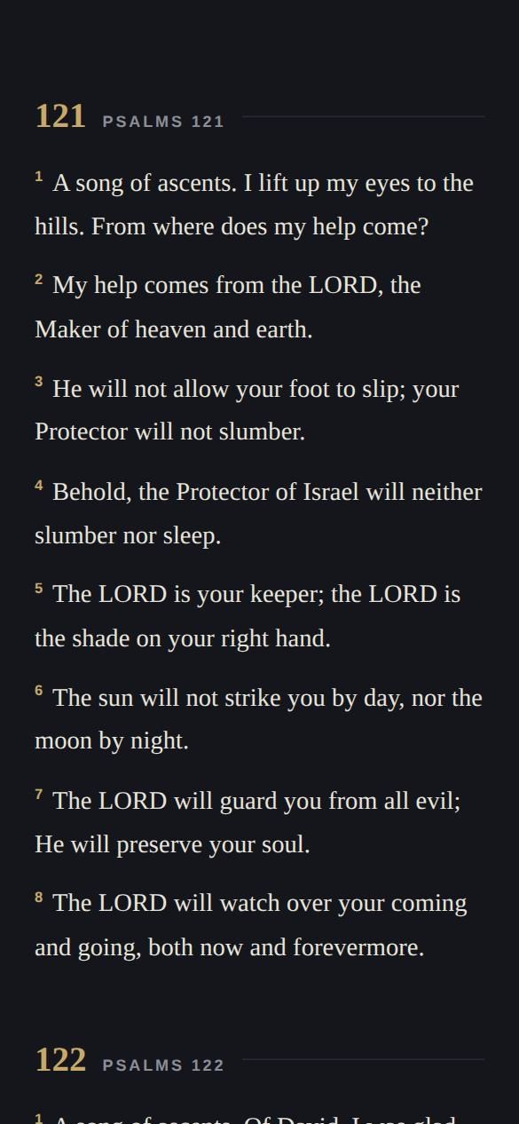 Ascent Bible reader in the Dusk theme, showing Psalm 121 flowing into Psalm 122